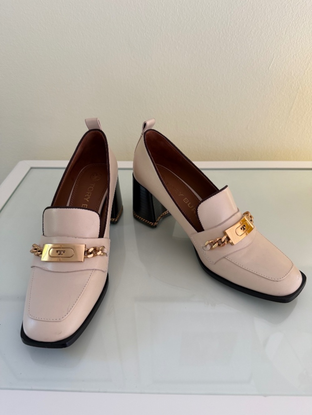 TORY BURCH Perrine Block Heel Loafers, Dulce de Leche Color and Gold Details 7.5